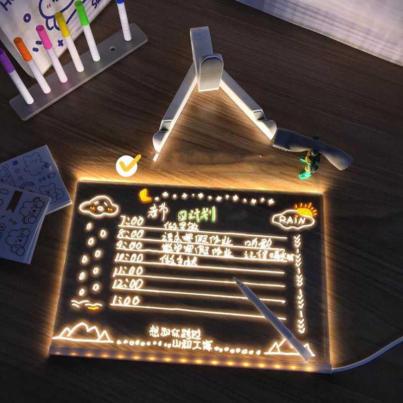 Acrylic LED DIY note board night light with USB base and 7 pens